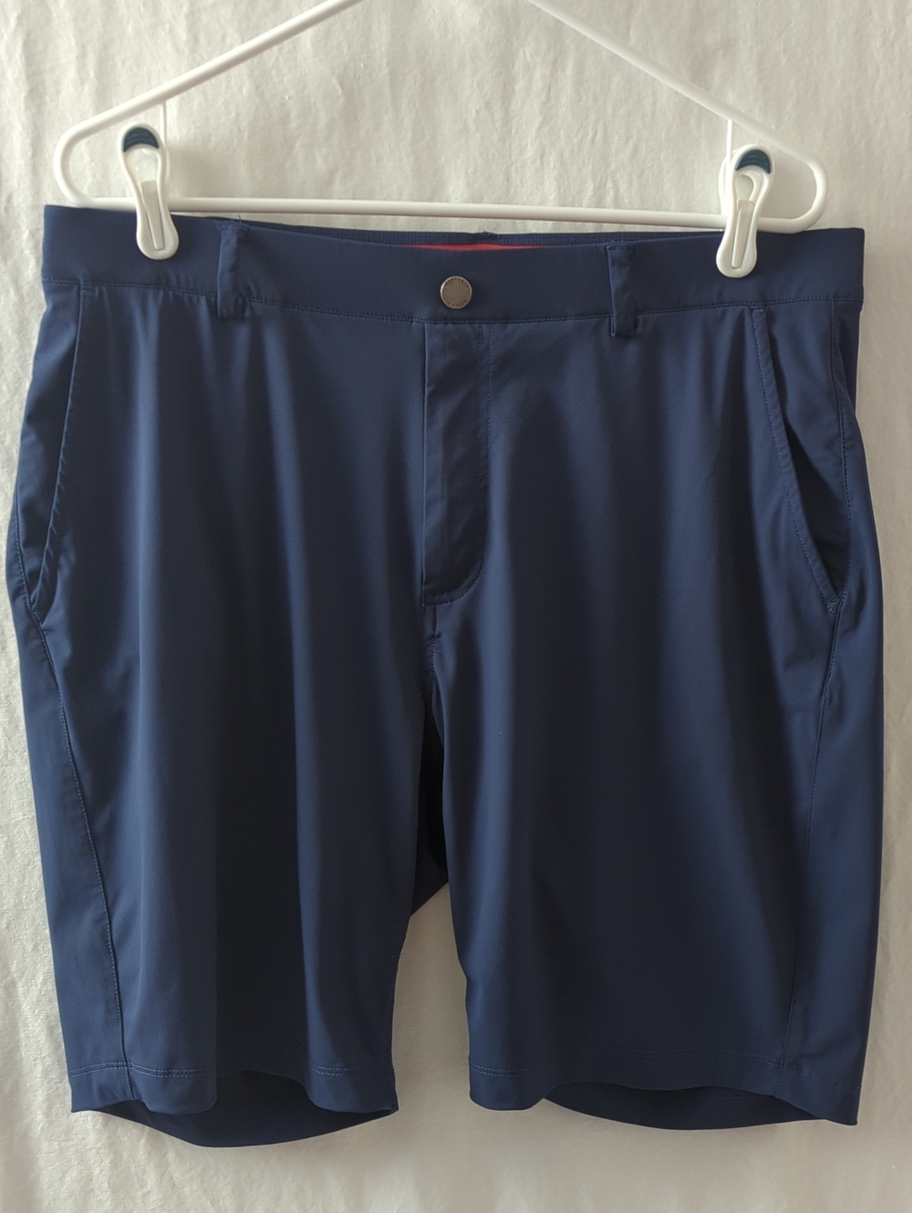 REDVANLY Men's Hanover Pull On Golf Shorts Navy Blue Orange Waistband Size L EUC